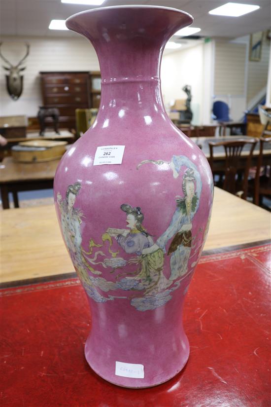 A large 19th century pink sgraffito ground baluster vase, Qianlong seal mark height 60cm